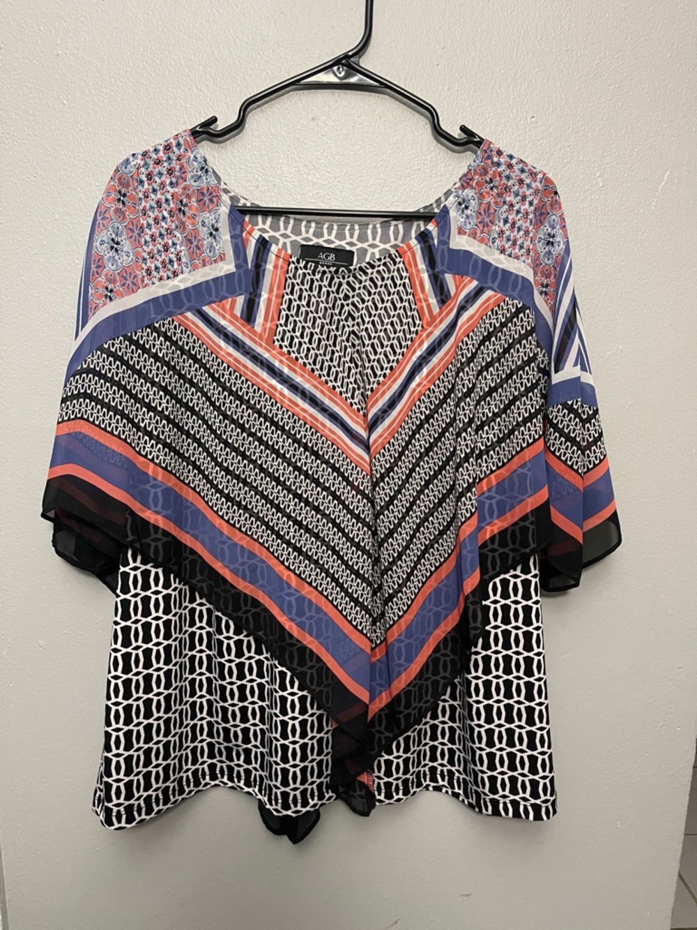 AGB Black Geometric Overlay Tunic with Blue and Red Stripes